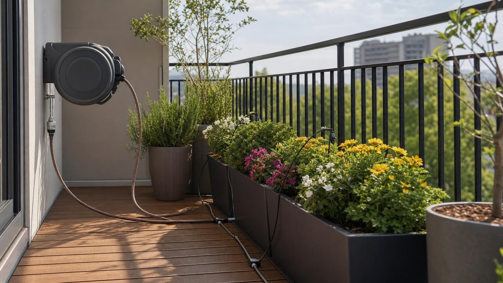 Evenly watered balcony plants in a tidy arrangement with dry walking surfaces and controlled runoff