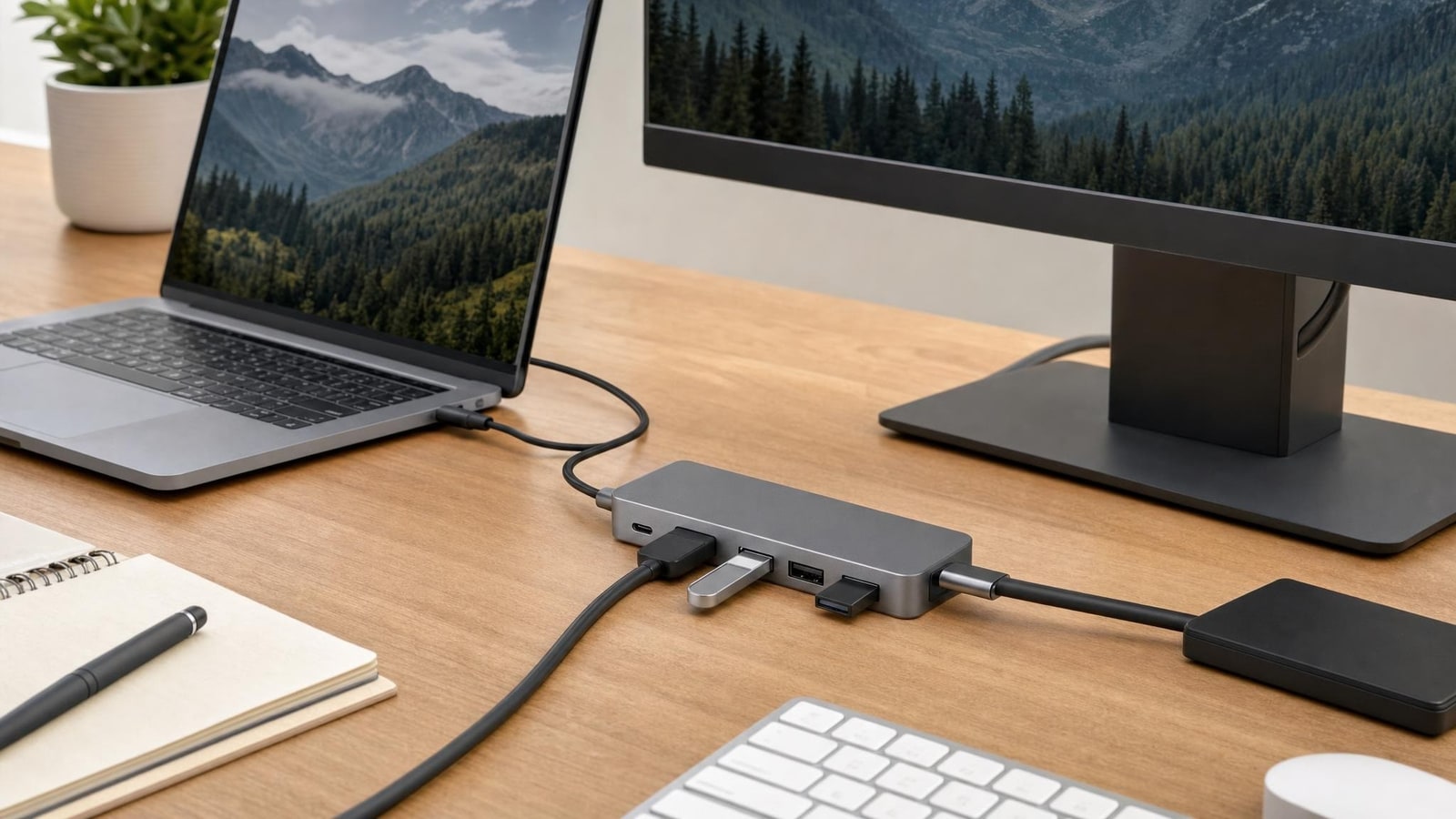 A tidy laptop desk with one generic hub, sensible cable routing and clear workspace, connections physically plausible
