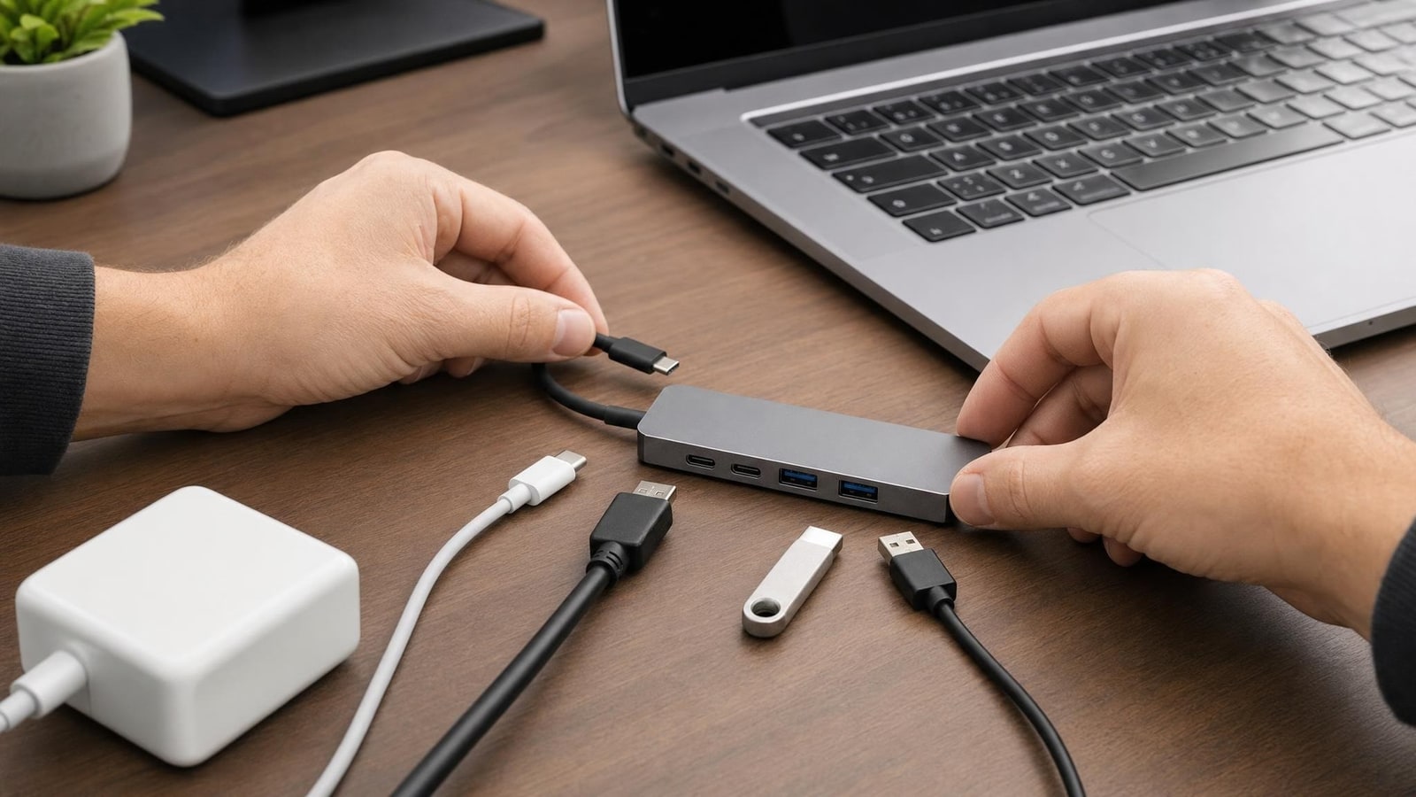 Hands mapping physically plausible generic laptop, power, display and accessory cables before connecting an unbranded hub, no text or logos