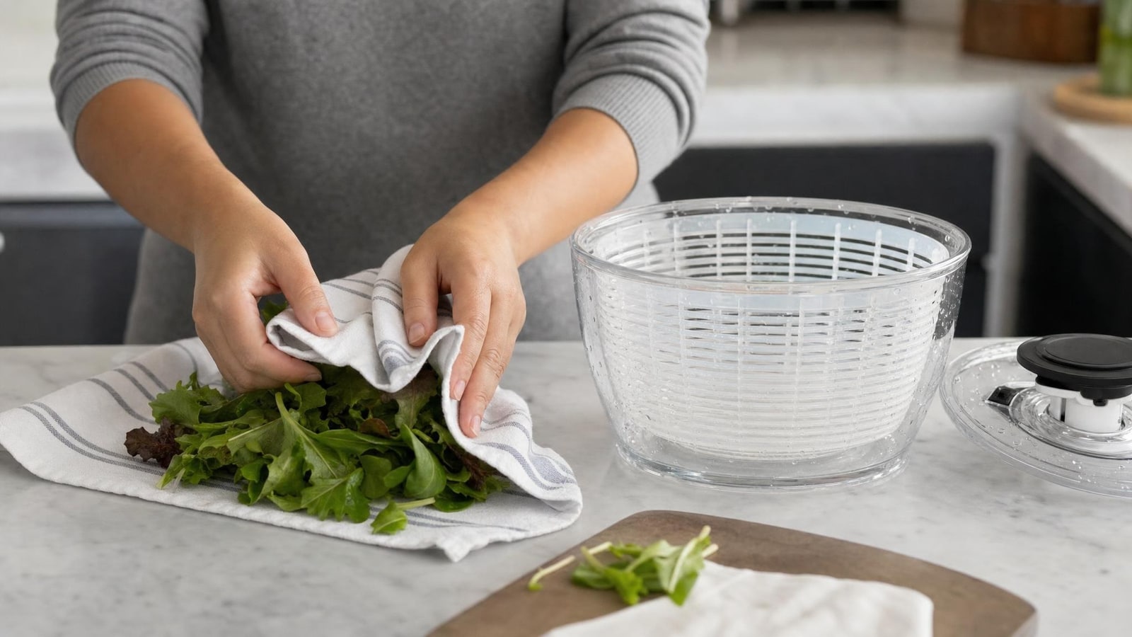 Hands performing a no-buy greens drying test with a clean towel beside a plain generic spinner bowl, realistic food preparation