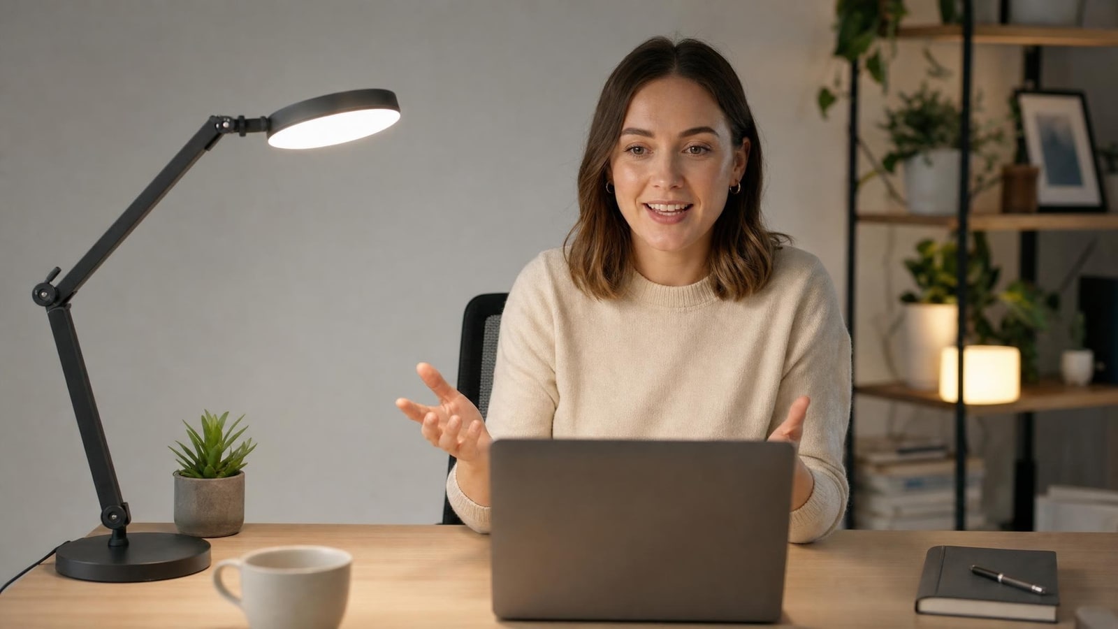 A balanced home video-call workspace with soft face-direction lighting, an uncluttered desk and no visible interface or text