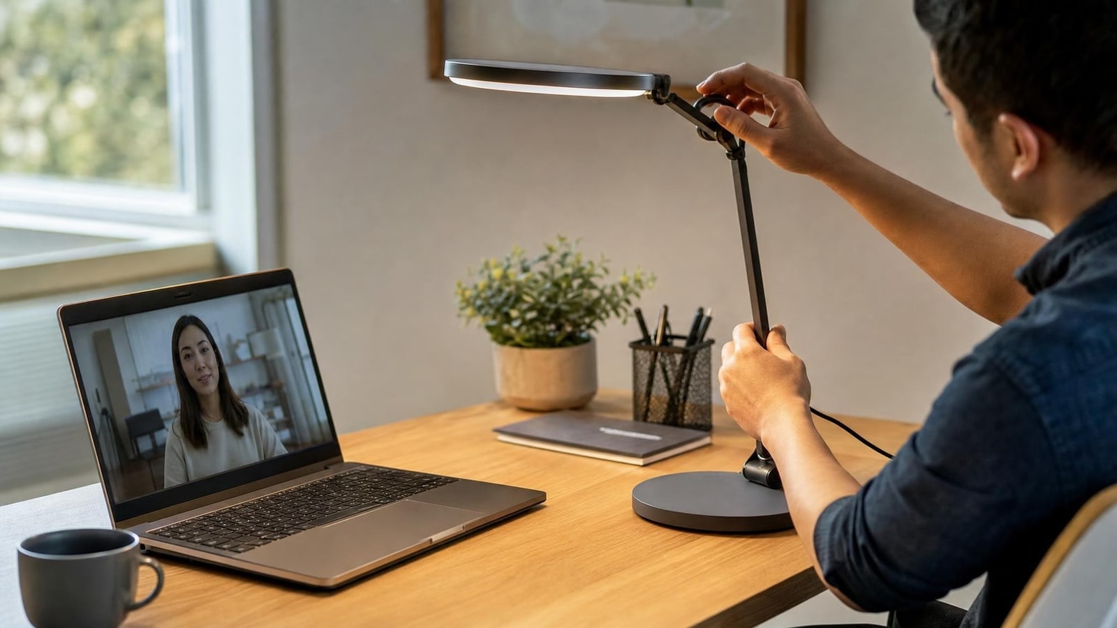 Hands adjusting an unbranded desk lamp beside a generic laptop while balancing window and background light, physically plausible cable placement