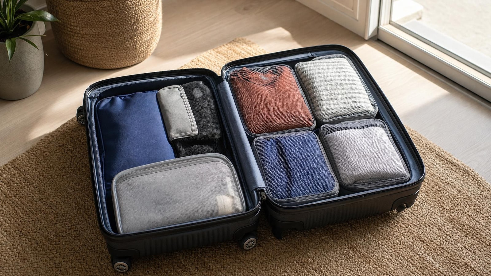A calmly packed generic suitcase with accessible clothing zones and no excess organizers, ready near a sunlit doorway