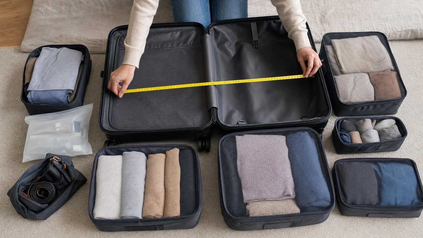 Hands measuring a generic suitcase interior and sorting ordinary clothing into a few plain unbranded bags, no labels or text