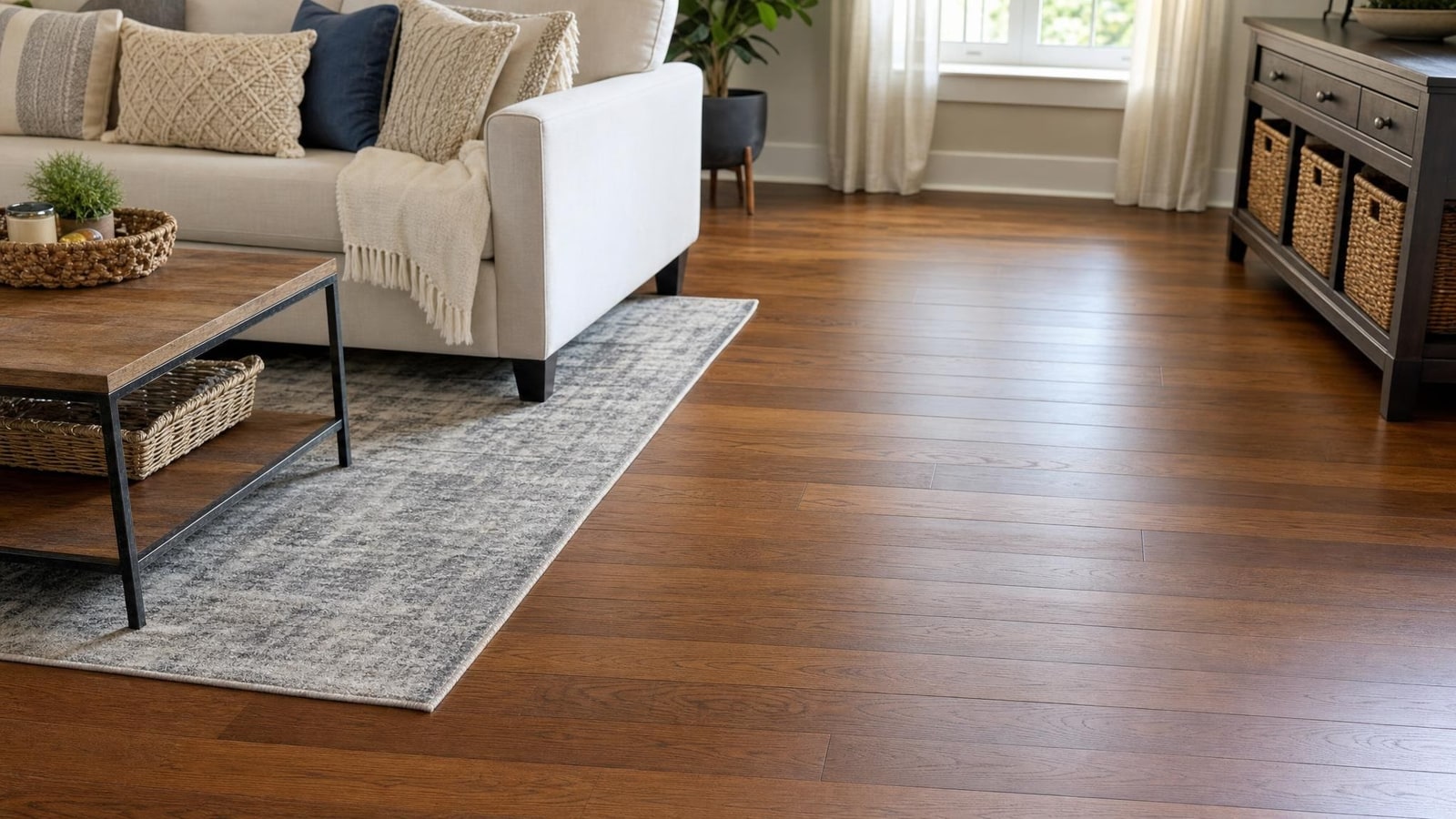 A clean, dry hardwood floor with furniture reset and soft window light, no artificial shine