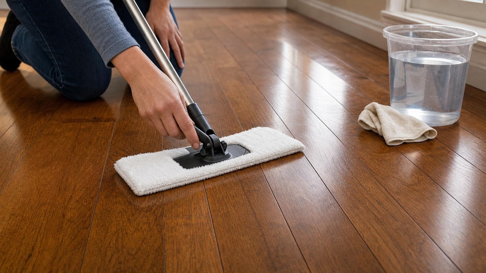 Hands using a plain microfiber pad along the floor grain, with excess liquid visibly avoided