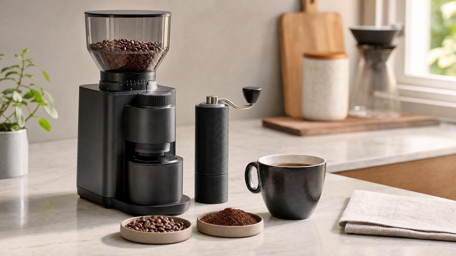 A tidy coffee station with one suitable generic grinder format, measured beans and a prepared cup in soft morning light