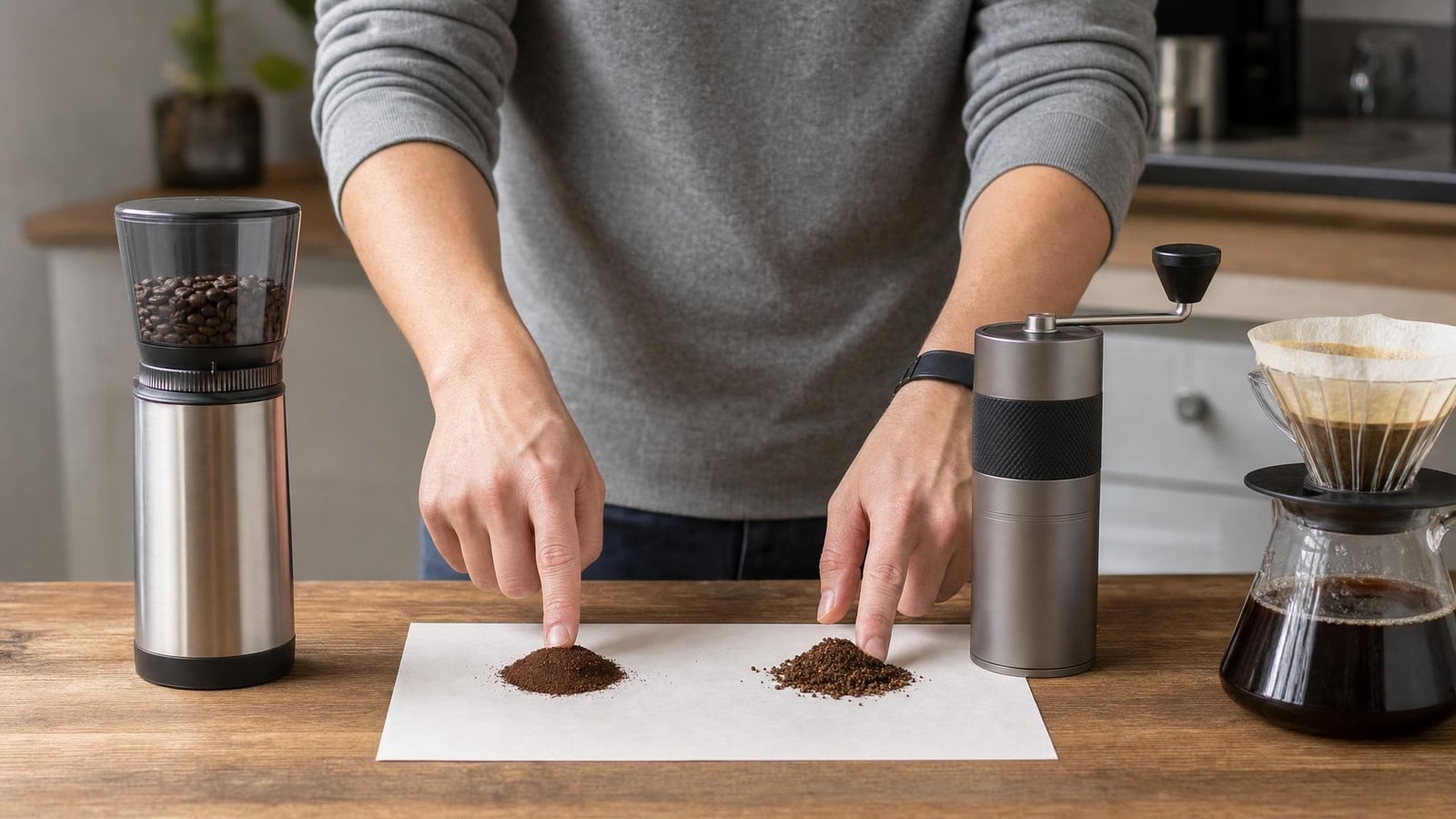 Hands comparing two small piles of coffee grounds beside generic unbranded grinder forms and a simple brewer, no labels or unsupported text