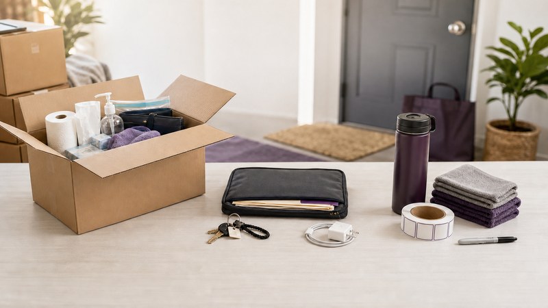 Organized moving-day essentials separated into documents, carry-with-you supplies, and an open-first box